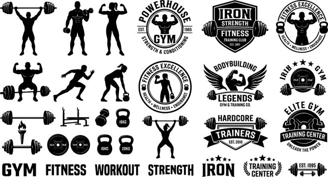Gym fitness workout strength training icons and labels with silhouettes of people lifting weights and exercising  various gym logos and symbols
