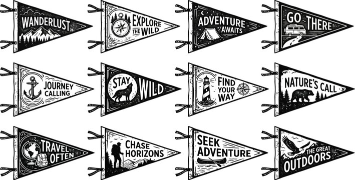 Vintage adventure travel pennant flags with inspirational quotes and outdoor icons
