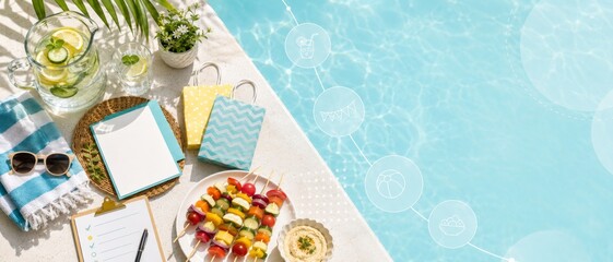 Summer pool party scene with snacks and drinks by poolside, festive background © dvoevnore