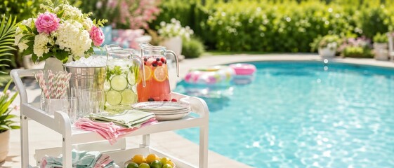 Summer pool party drinks setup near poolside, vibrant and inviting with bright colors © dvoevnore