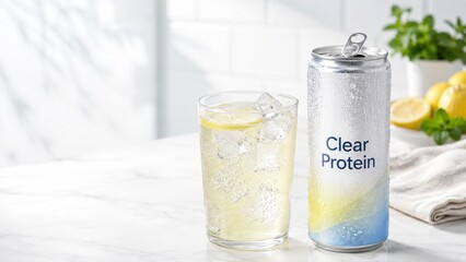 Clear protein beverage in tall can beside glass with lemon slice on white background © dvoevnore