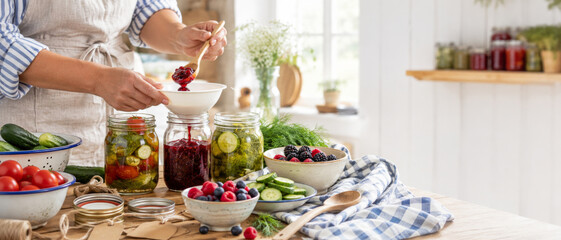 Farmcore lifestyle with homemade pickles and fresh summer berries on kitchen table © dvoevnore