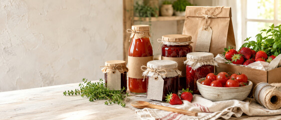 Preserved food jars with fresh strawberries and tomatoes on farmhouse kitchen table © dvoevnore