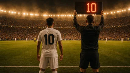 Soccer football player on the stadium with referee. The player with the number 10 is waiting to enter the game. © Hakan Tanak
