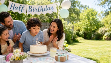 Half birthday celebration with family in garden, boy blowing out candles © dvoevnore