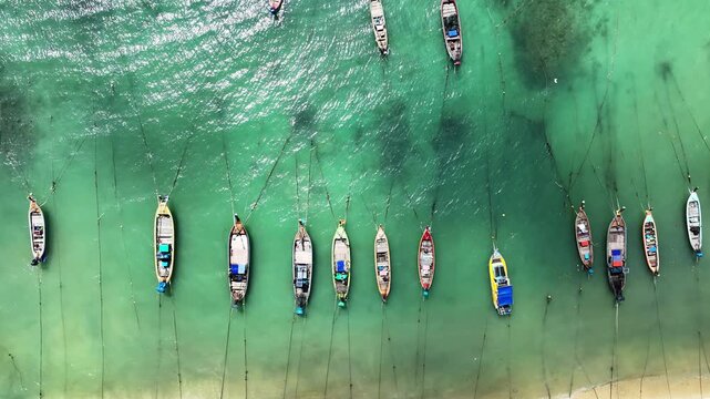 Top view longtail fishing boats in Phuket Thailand