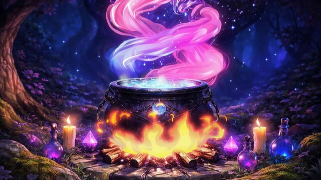 Magical witch cauldron with glowing enchanted potion swirling through mystical fantasy forest night