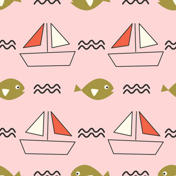 Seamless Nautical Vector Pattern with Sailboats, Fish and Waves in Retro Style on Pink Background