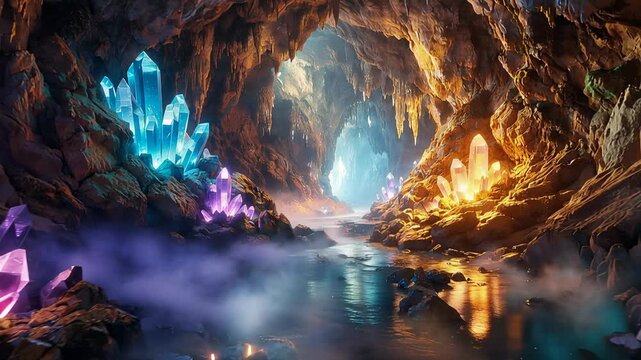 Mystical crystal cave with glowing gemstones reflecting in underground water and magical fantasy realm