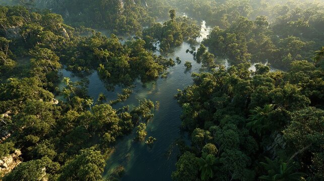 Lush Tropical River Valley Embraced by Mist Majestic Mountains and Verdant Forest A Captivating Natural Landscape Unveiled