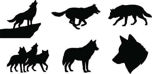 Fototapeta premium Wolf silhouette set with howling, running, standing, and pack poses for wildlife, outdoor adventure, and nature design concepts