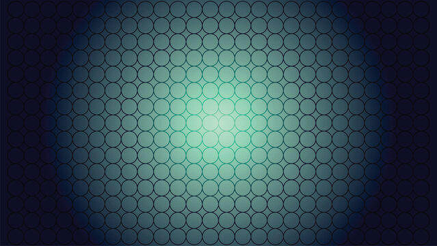 Symmetrical pattern of many repeating circles with a bright aqua central glow on a dark background