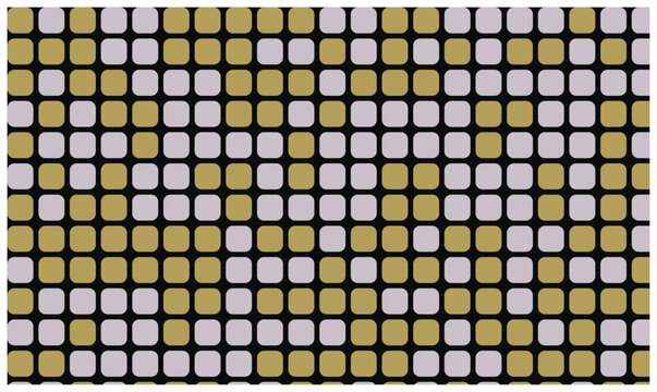 Abstract geometric pattern with square mosaic tiles in muted gold and light purple tones on black.