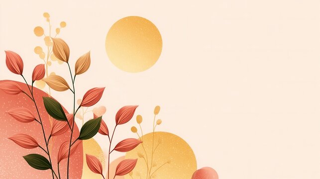 Abstract botanical autumn background with elegant leaves and golden circles on soft beige backdrop