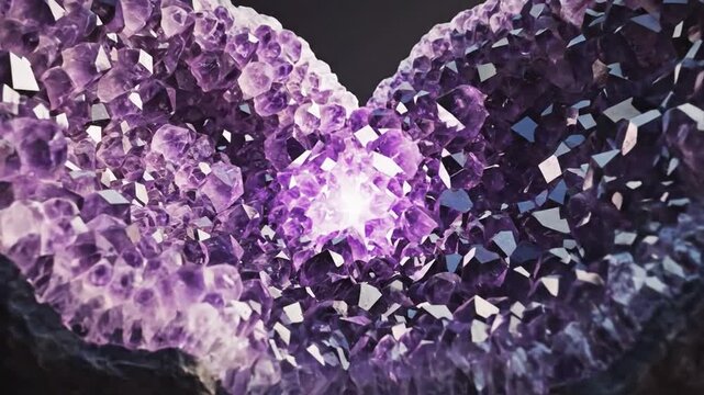 Close up view of a vibrant amethyst geode revealing sparkling crystal formations.