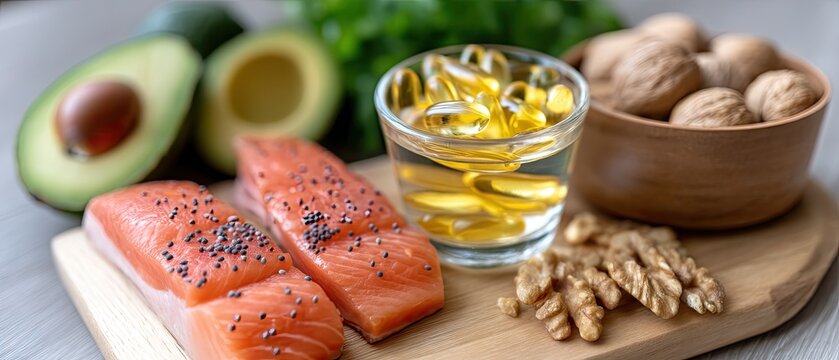 Collection of healthy fats and omega 3s arranged neatly with avocados, salmon, walnuts, and oil capsules in a well-lit setting
