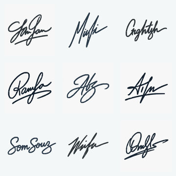 Collection of nine unique handwritten signatures in cursive style.
