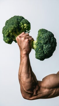 Muscled arm holds dumbbell shaped like broccoli against a white background showcasing strength and fitness