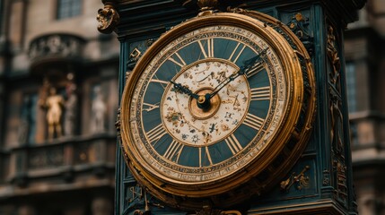 Fototapeta premium A gilded clock with roman numerals and detailed face