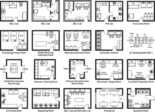 A comprehensive collection of laboratory floor plans, illustrating various specialized rooms for scientific research and development, including BSL-2, BSL-3, PCR, and virus culture areas.