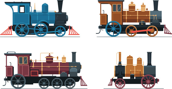 Vintage Steam Locomotive Train Vector Set Featuring Antique Railway Transport Engine Icons for Retro Travel Logistics and Historical Industrial Graphic Designs