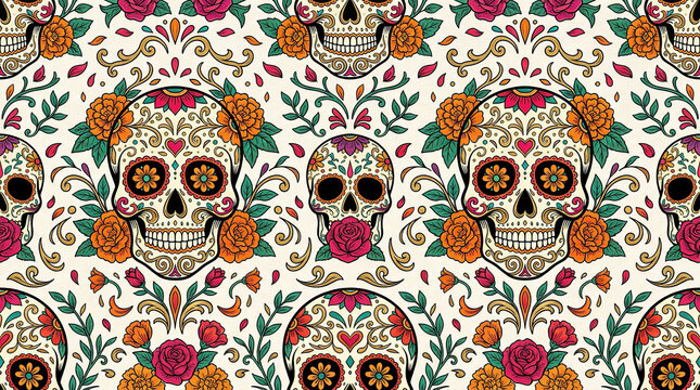 Day of the dead sugar skull pattern with roses and marigolds on cream background.