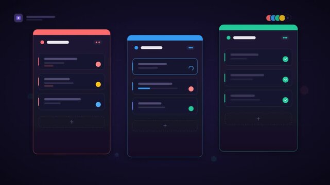 Abstract UI animation shows task management workflow with pending, loading, and completed items in flat design.