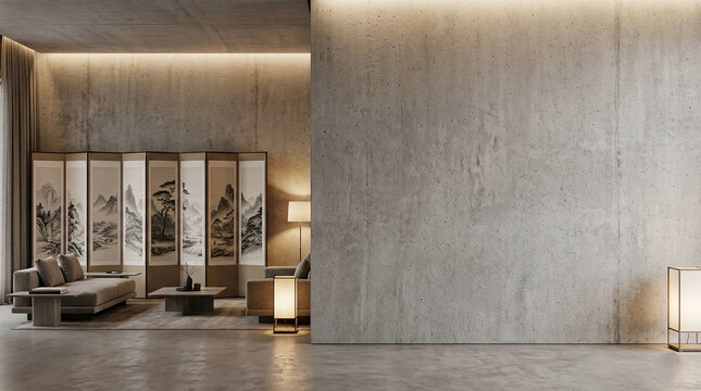 Minimalist modern room with traditional Korean folding screen and copy space