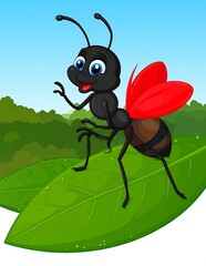Fototapeta premium Cute Cartoon Ant Standing on Green Leaf in Sunny Garden