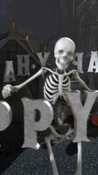 Seamless vertical video of skeleton with a sexy dance in a cemetery at night. Halloween letters spinning around.