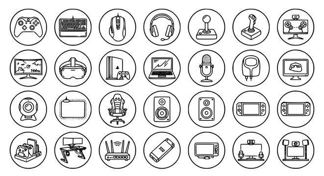 Gaming Accessories Outline Icon Collection with Esports Equipment Controllers and PC Gaming Gear