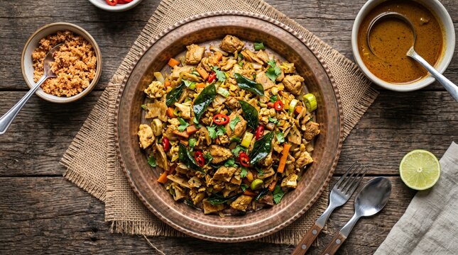 Top view of Sri Lankan kottu roti on a traditional metal plate, garnished with curry leaves, food flat lay photography, realistic, highly detailed, commercial stock photo, 8K