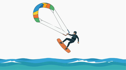 Fototapeta premium Kite surfer performing a jump over blue ocean waves with a colorful kite in the sky, illustration style