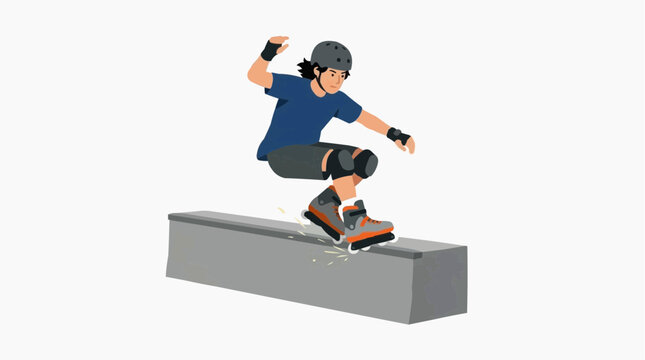 Young person wearing helmet and protective gear performing a trick on rollerblades on a concrete ledge
