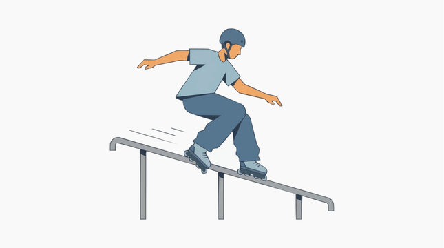 Young person in helmet and casual clothes performing a trick on rollerblades on a metal rail