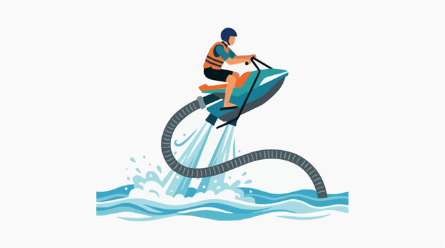 Person riding a flyboard jet ski propelled by water jets over the ocean waves during a sunny day