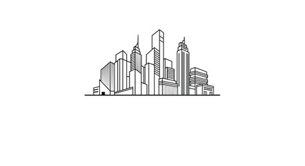 Fototapeta premium Modern city skyline sketch featuring various skyscrapers and architectural buildings rendered in a clean minimalist black and white style.