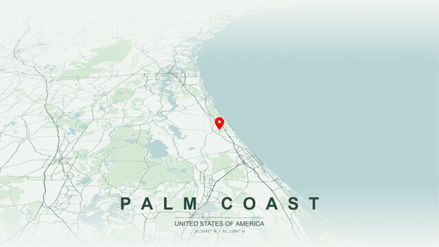 Modern minimalist vector map of Palm Coast, Florida, USA. High-quality scalable illustration of Palm Coast master plan city grid, Intracoastal Waterway salt water canals for posters design.