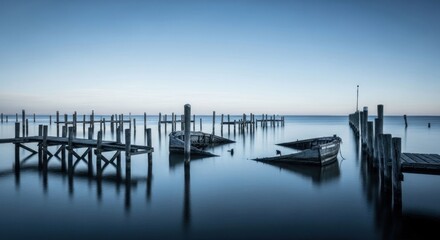 Fototapeta premium Serene Blue Hour Seascape with Dilapidated Wooden Piers and Sunken Boats.