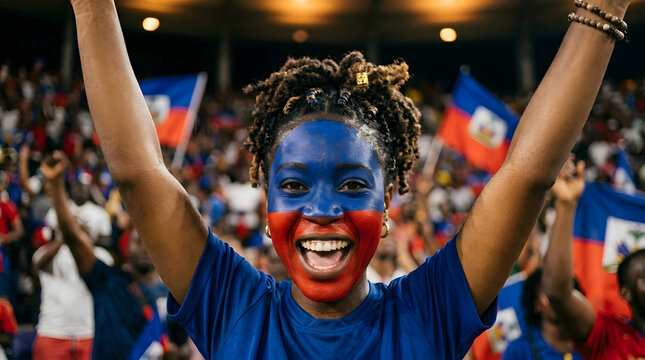 Happy Haitian woman with face painted in national colors cheering at stadium | Enthusiastic sports fan celebrating with flags | Caribbean culture and national pride | Joyful crowd atmosphere