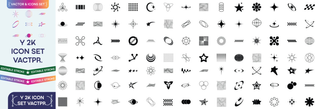 Set with different Y2k elements for design.Trendy geometric brutal ism forms, Memphis elements. Simple shapes forms, symbols and frames y2k style.