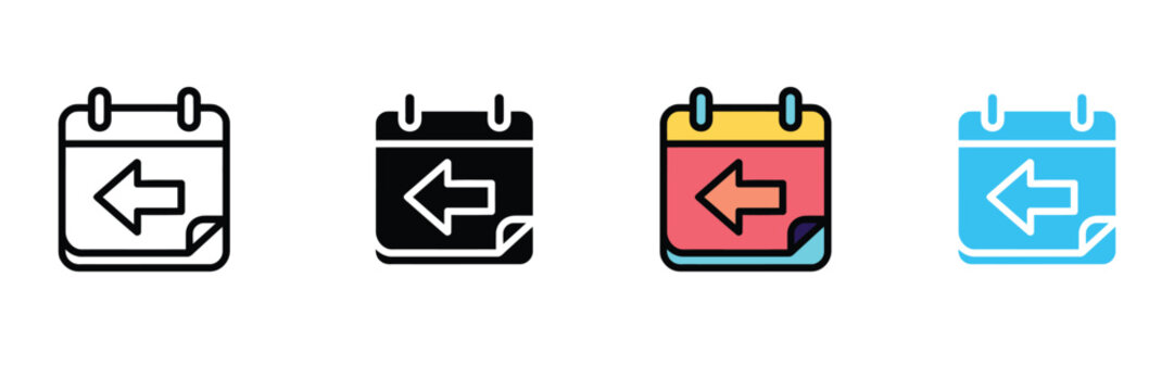Calendar with arrow icon set, previous date or back history navigation symbol, time management or scheduling event vector