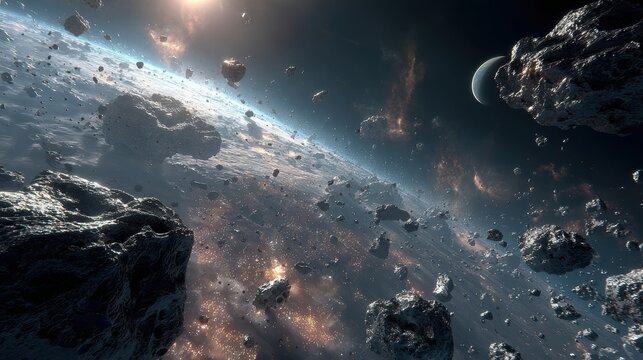 Space universe exploration, fantasy. A vivid, detailed depiction of a celestial scene. The main subject is a vast expanse of space, dominated by asteroids and other celestial bodies.