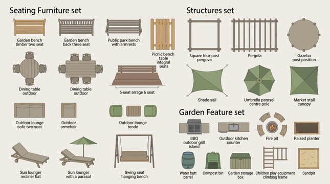 Top View Outdoor Furniture Garden Element Vector Set Architecture Landscape Site Plan AutoCAD Aerial Bench Table Chair Pergola BBQ Clipart EPS 