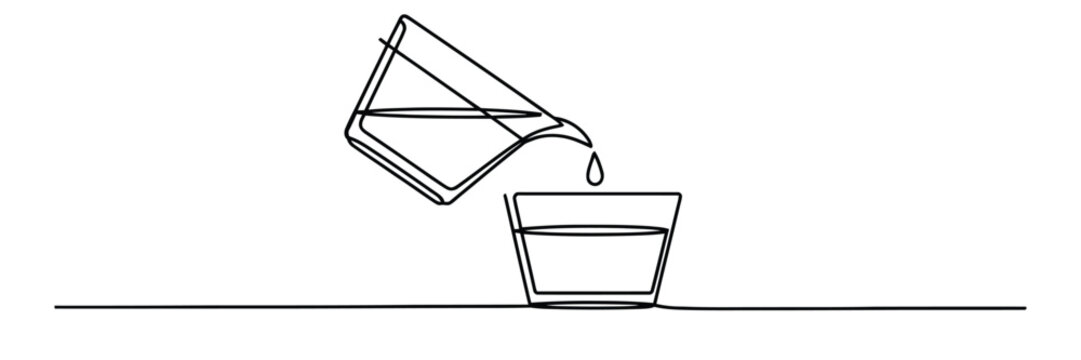 Pouring water glass icon, continuous line drawing of liquid pouring into cup, refreshment beverage drink symbol vector