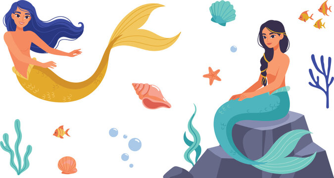 Beautiful Mermaid and Merman Vector Set Featuring Fantasy Ocean Characters with Sea Shells Fish and Coral for Under the Sea Invitations and Graphic Designs