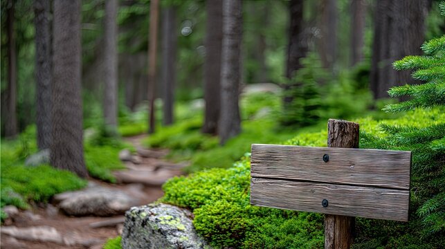 Wooden sign on post next to a dirt path in a forest filled with trees, moss, and greenery during daylight in a natural setting