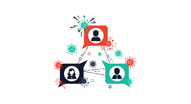 Networking illustration showing interconnected people in speech bubbles being affected or surrounded by virus icons in a diagram.