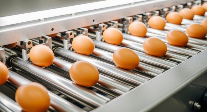 Fresh brown and white eggs on an automated conveyor belt in a modern egg production factory for sorting and packaging