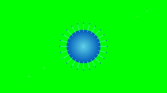 Abstract blue circular icon with rotating spikes on a green screen background